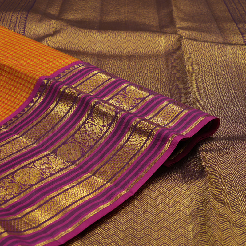 Hayagrivas Handloom Orange & Yellow Muted Checks Kanjivaram Silk Saree KBE2247B16-3