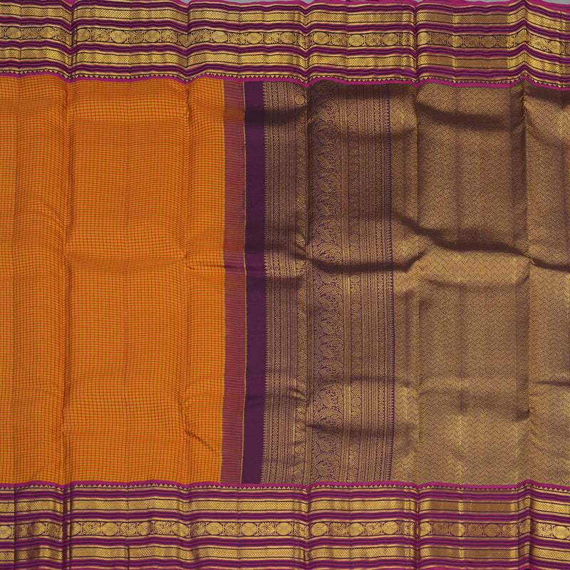 Hayagrivas Handloom Orange & Yellow Muted Checks Kanjivaram Silk Saree KBE2247B16-3
