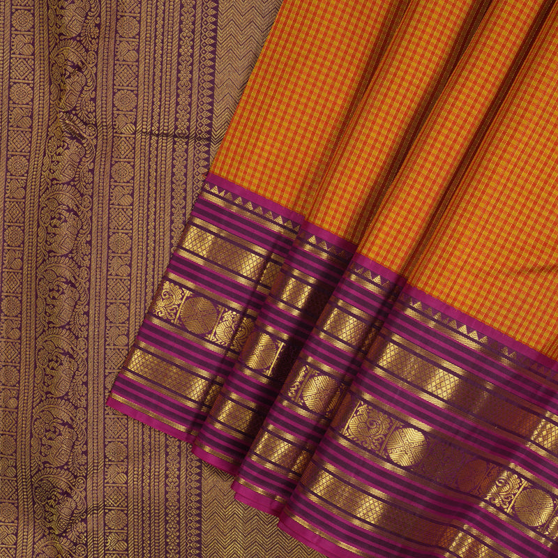 Hayagrivas Handloom Orange & Yellow Muted Checks Kanjivaram Silk Saree KBE2247B16-3