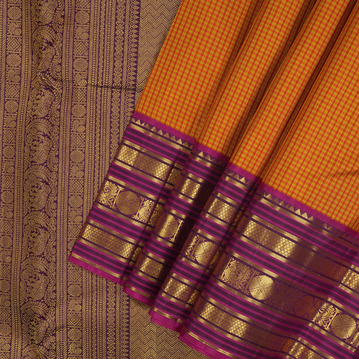 Hayagrivas Handloom Orange & Yellow Muted Checks Kanjivaram Silk Saree KBE2247B16-3