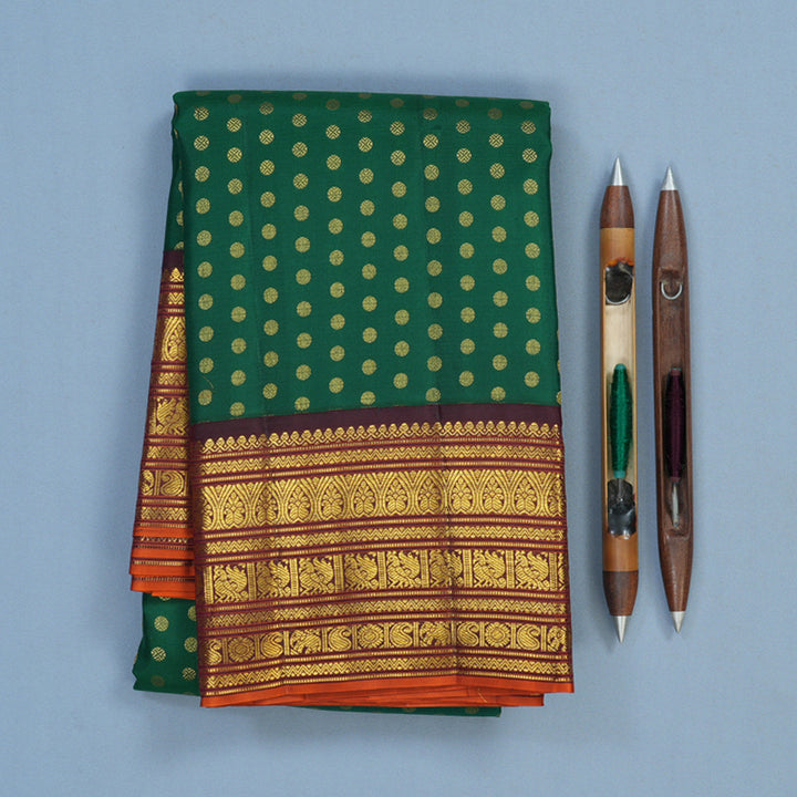 Hayagrivas Handloom Dark Green Kanjivaram Silk Saree with Kanchana Brown Border KBE2247B17-1