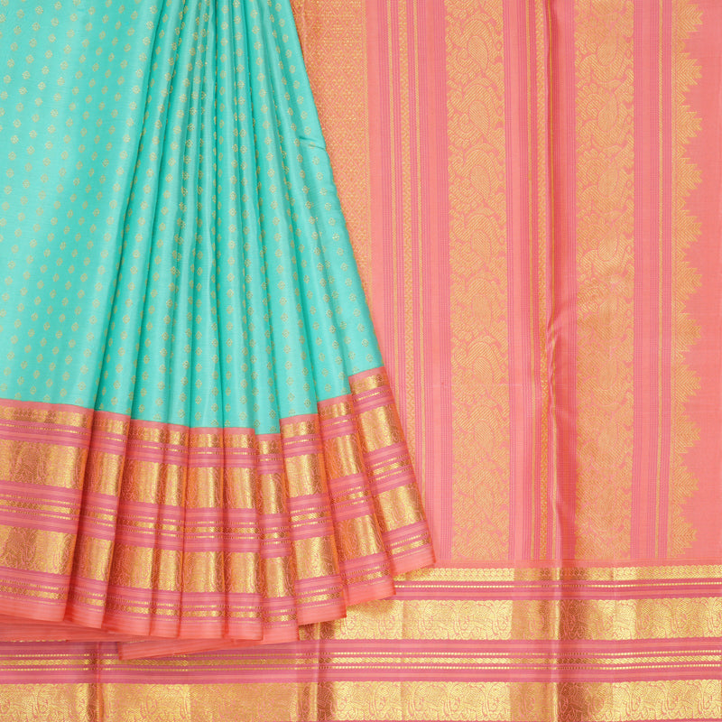 Hayagrivas Handloom Pastel Green Kanjivaram Silk Saree with Peach Pink Border KBE2247B17-2
