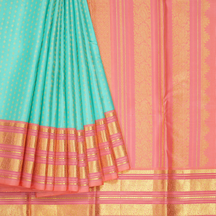 Hayagrivas Handloom Pastel Green Kanjivaram Silk Saree with Peach Pink Border KBE2247B17-2