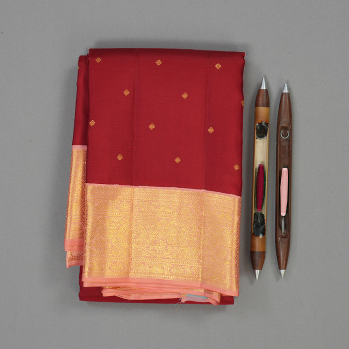 Hayagrivas Handloom Red Kanjivaram Silk Saree with Peach Pink Border KBE2247B24-1