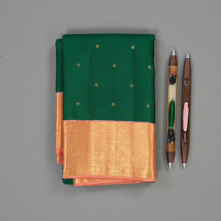 Hayagrivas Handloom Emerald Green Kanjivaram Silk Saree with Peach Pink Border KBE2247B24-3