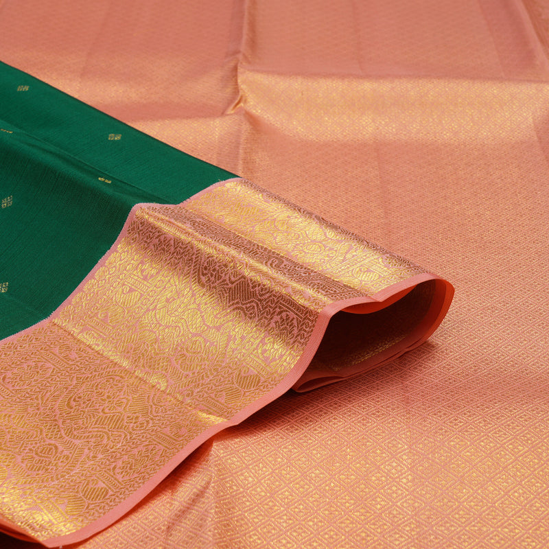 Hayagrivas Handloom Emerald Green Kanjivaram Silk Saree with Peach Pink Border KBE2247B24-3