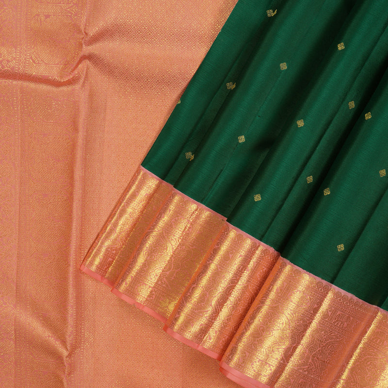 Hayagrivas Handloom Emerald Green Kanjivaram Silk Saree with Peach Pink Border KBE2247B24-3