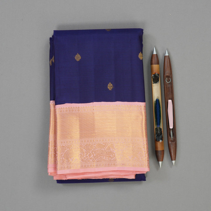 Hayagrivas Handloom Indigo Blue Kanjivaram Silk Saree with Peach Pink Border KBE2251B1-1