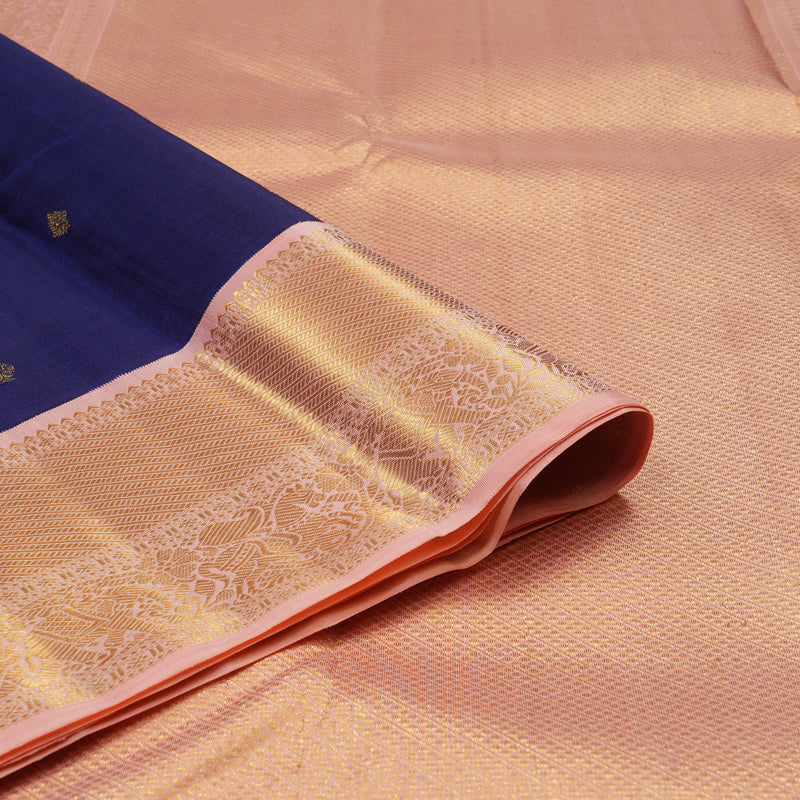 Hayagrivas Handloom Indigo Blue Kanjivaram Silk Saree with Peach Pink Border KBE2251B1-1