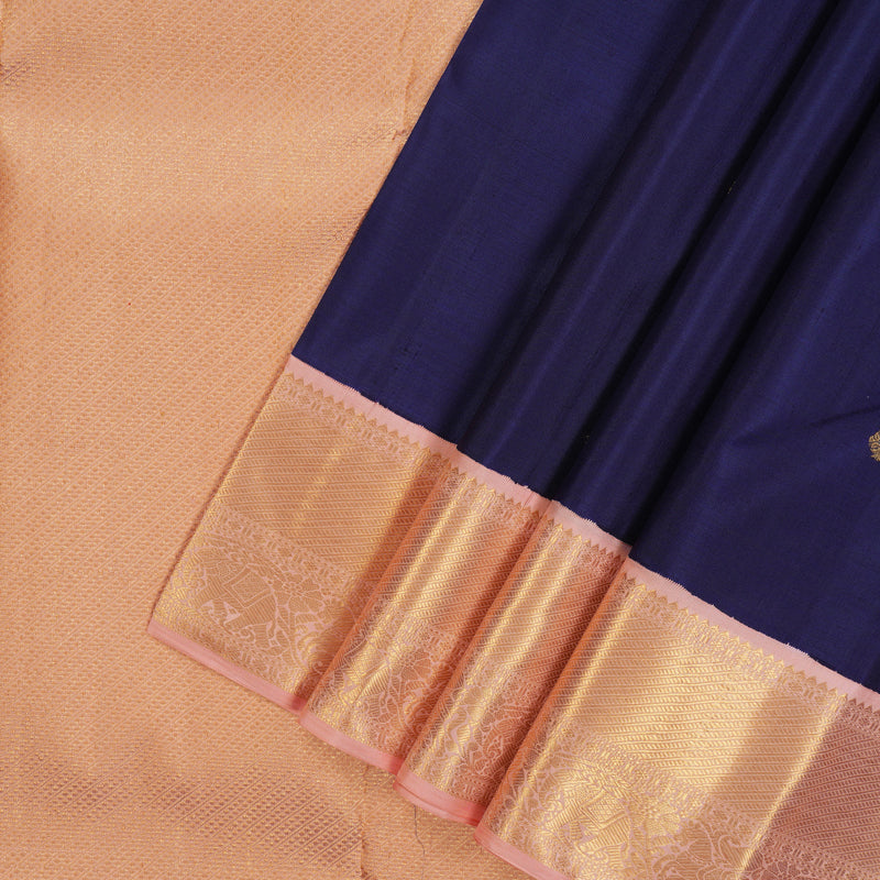 Hayagrivas Handloom Indigo Blue Kanjivaram Silk Saree with Peach Pink Border KBE2251B1-1