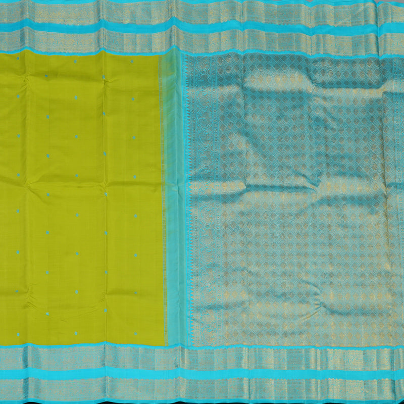 Hayagrivas Handloom Parrot Green Kanjivaram Silk Saree with Sky Blue Border KBE2251B1-2