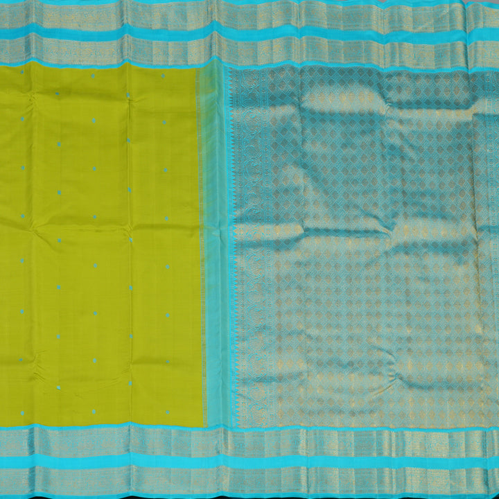 Hayagrivas Handloom Parrot Green Kanjivaram Silk Saree with Sky Blue Border KBE2251B1-2