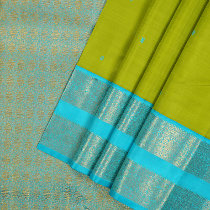 Hayagrivas Handloom Parrot Green Kanjivaram Silk Saree with Sky Blue Border KBE2251B1-2
