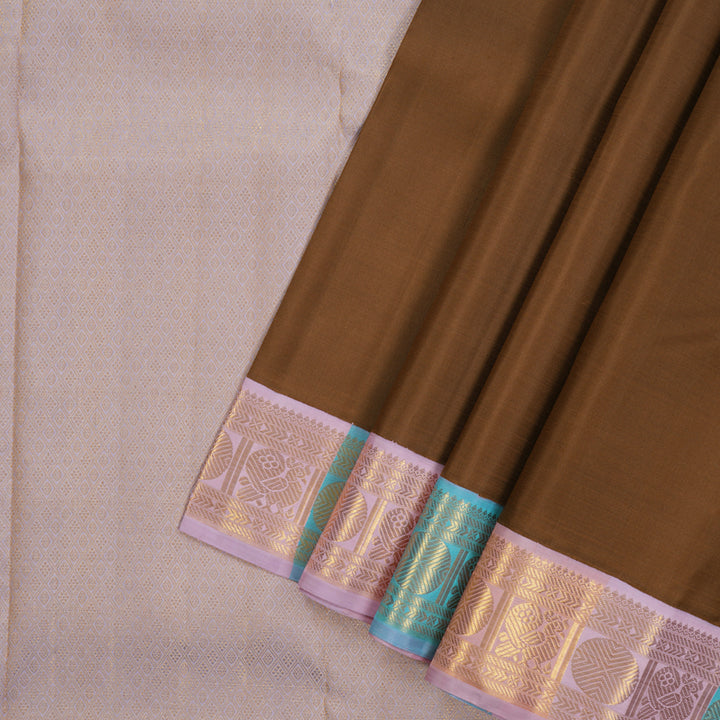Hayagrivas Handloom Chocolate Brown Kanjivaram Silk Saree with Multicolour Border KBE2251B4-1