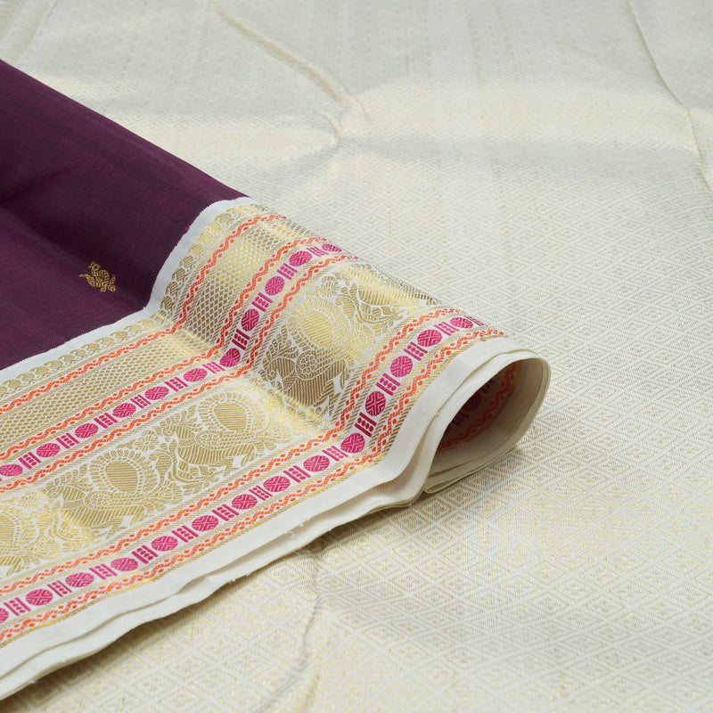 Hayagrivas Handloom Violet Kanjivaram Silk Saree with Half-White Border KBE2254B3-1