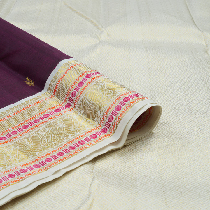 Hayagrivas Handloom Violet Kanjivaram Silk Saree with Half-White Border KBE2254B3-1
