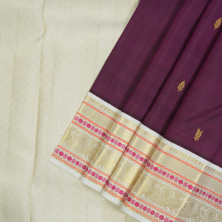 Hayagrivas Handloom Violet Kanjivaram Silk Saree with Half-White Border KBE2254B3-1