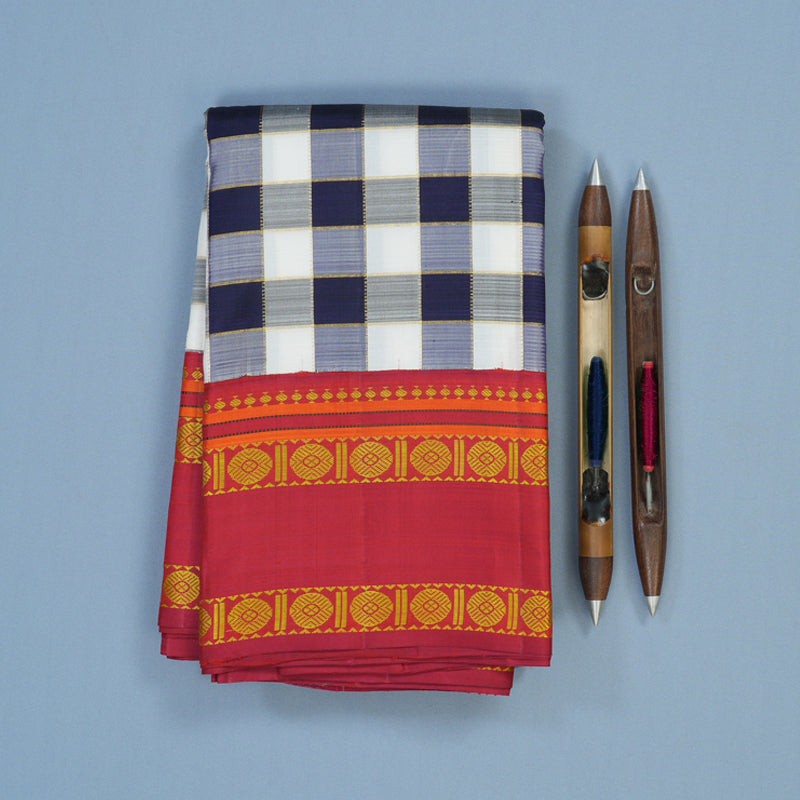 Hayagrivas Handloom White & Dark Blue Checks Kanjivaram Silk Saree with Red Border KBE2255B9-1
