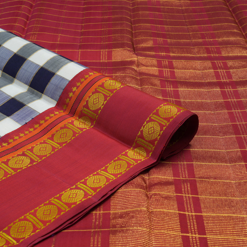 Hayagrivas Handloom White & Dark Blue Checks Kanjivaram Silk Saree with Red Border KBE2255B9-1