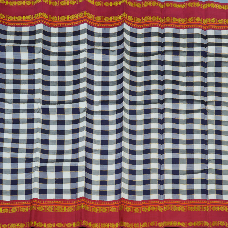 Hayagrivas Handloom White & Dark Blue Checks Kanjivaram Silk Saree with Red Border KBE2255B9-1