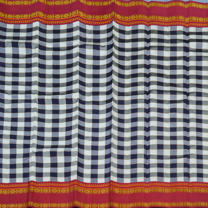 Hayagrivas Handloom White & Dark Blue Checks Kanjivaram Silk Saree with Red Border KBE2255B9-1
