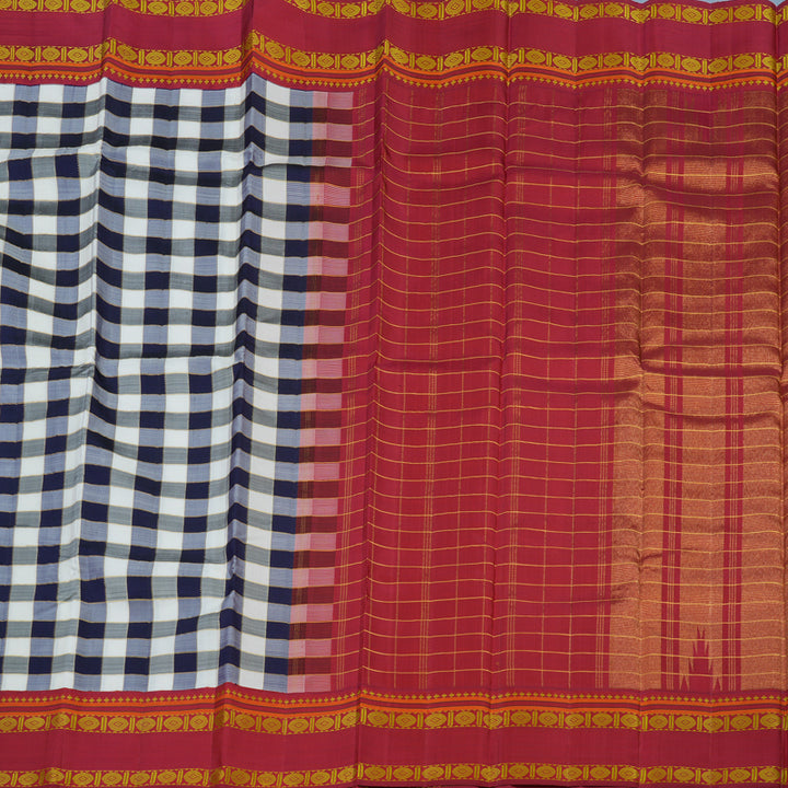 Hayagrivas Handloom White & Dark Blue Checks Kanjivaram Silk Saree with Red Border KBE2255B9-1
