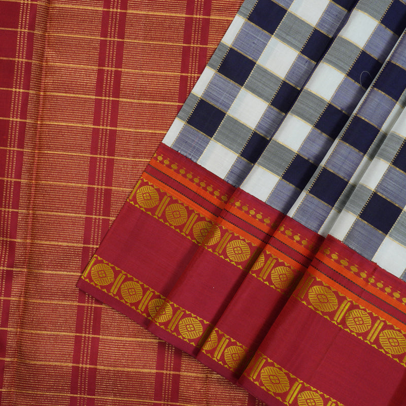 Hayagrivas Handloom White & Dark Blue Checks Kanjivaram Silk Saree with Red Border KBE2255B9-1