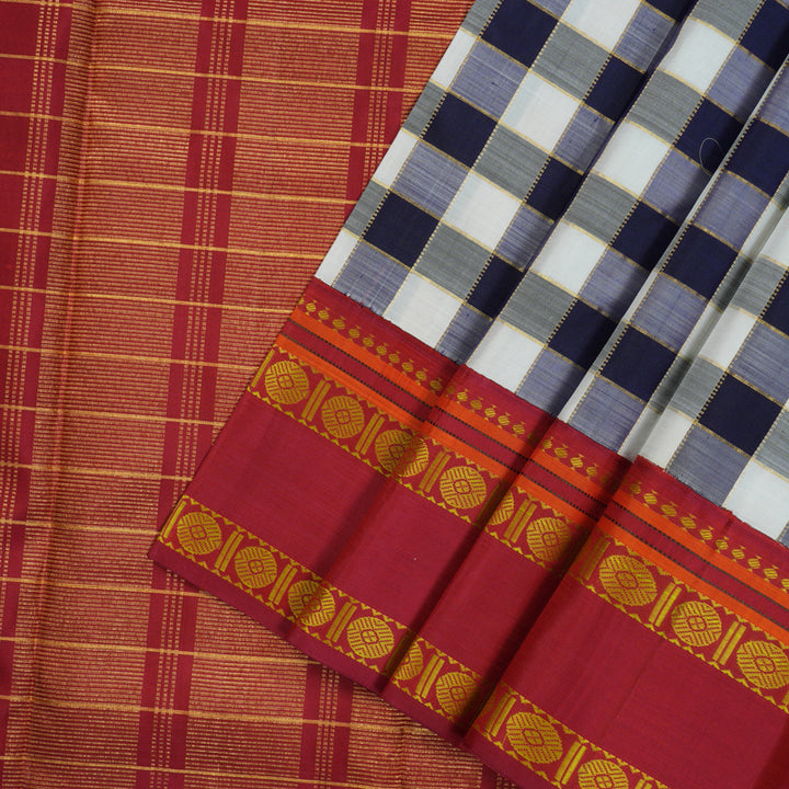 Hayagrivas Handloom White & Dark Blue Checks Kanjivaram Silk Saree with Red Border KBE2255B9-1