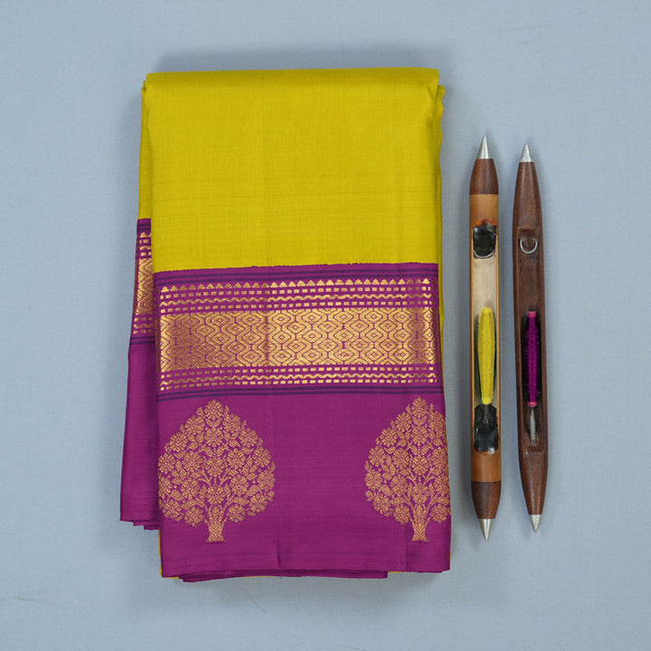 Hayagrivas Handloom Yellow Kanjivaram Silk Saree with Purple Border KBE2256B2-1