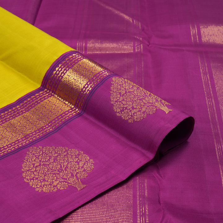 Hayagrivas Handloom Yellow Kanjivaram Silk Saree with Purple Border KBE2256B2-1