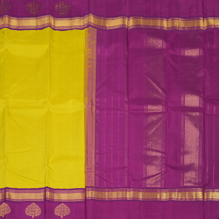 Hayagrivas Handloom Yellow Kanjivaram Silk Saree with Purple Border KBE2256B2-1