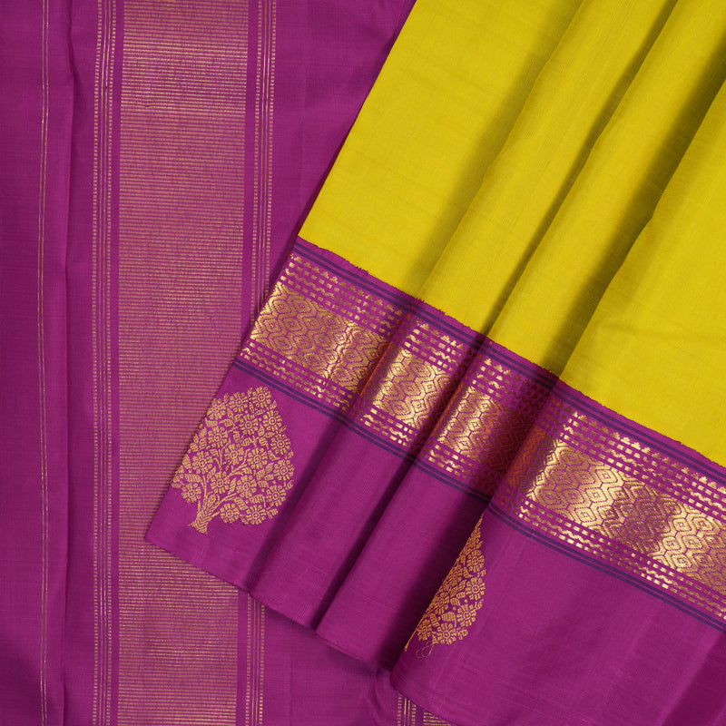 Hayagrivas Handloom Yellow Kanjivaram Silk Saree with Purple Border KBE2256B2-1