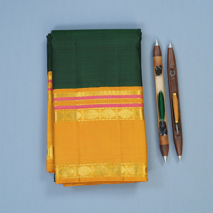 Hayagrivas Handloom Bottle Green Kanjivaram Silk Saree with Mustard Yellow Border KBE2256B3-3