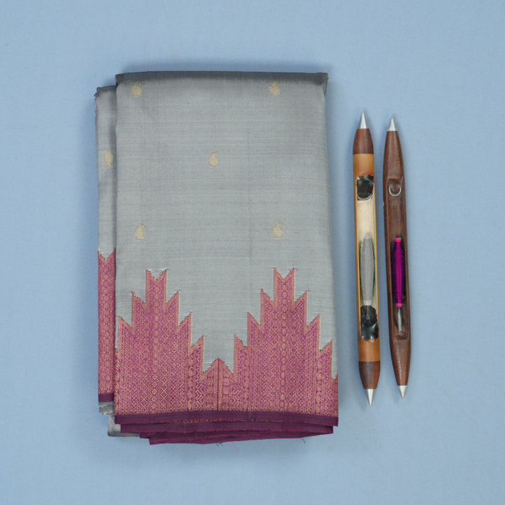 Hayagrivas Handloom Silver Grey Kanjivaram Silk Saree with Temple Border KBE2260B1-1