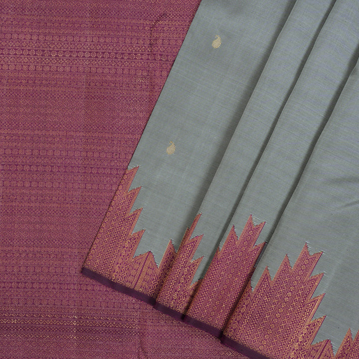 Hayagrivas Handloom Silver Grey Kanjivaram Silk Saree with Temple Border KBE2260B1-1