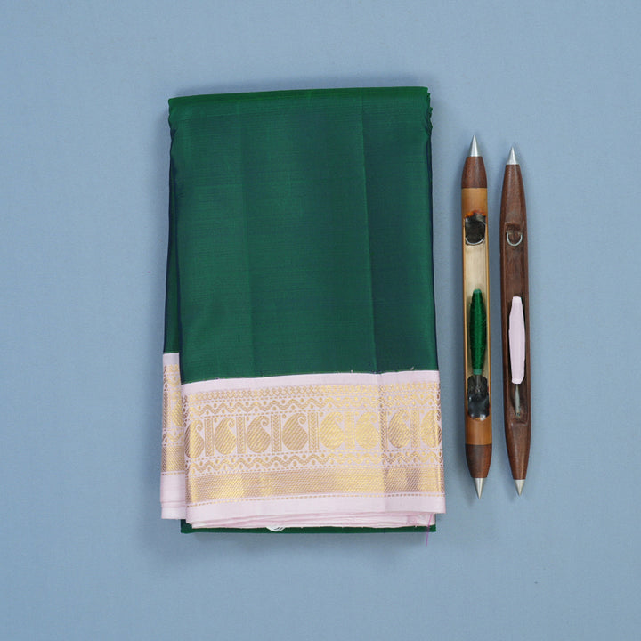 Hayagrivas Handloom Peacock Green Kanjivaram Silk Saree with Baby Pink Border KBE2263B13-1