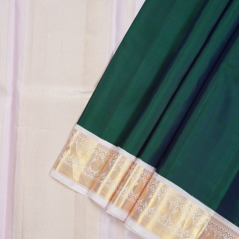 Hayagrivas Handloom Peacock Green Kanjivaram Silk Saree with Baby Pink Border KBE2263B13-1