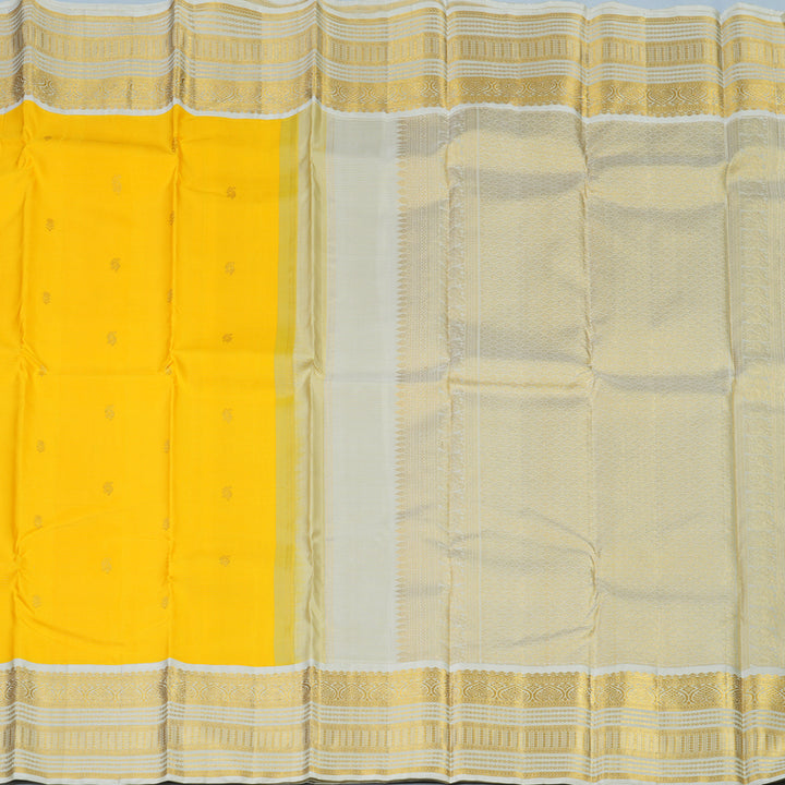 Hayagrivas Handloom Yellow Kanjivaram Silk Saree with Cream Border KBE2263B9-1