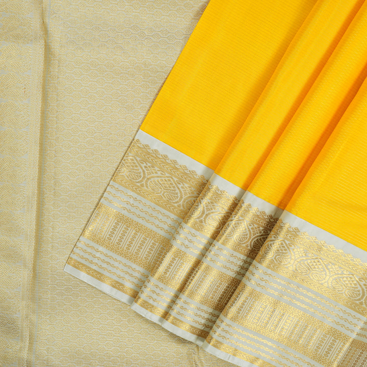 Hayagrivas Handloom Yellow Kanjivaram Silk Saree with Cream Border KBE2263B9-1