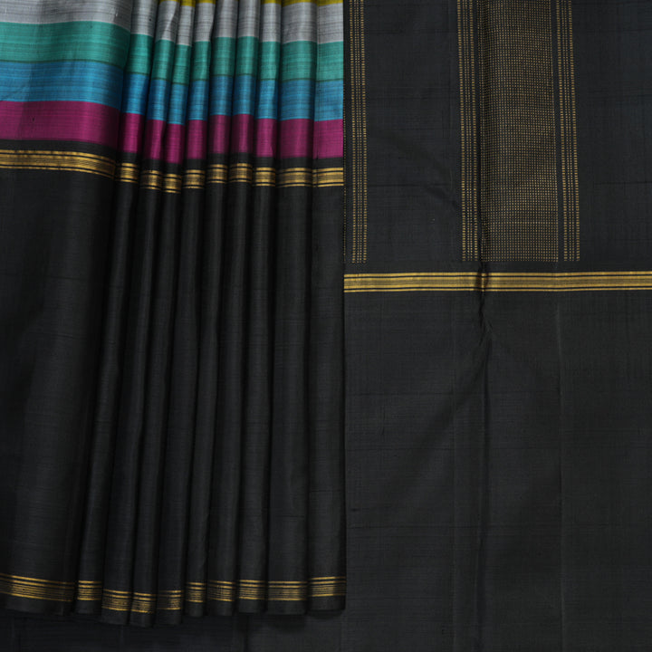 Hayagrivas Handloom Multicolour Stripes Kanjivaram Silk Saree with Black Border KBE2267B1-1