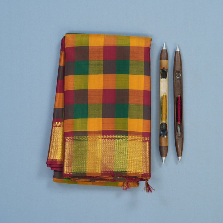 Hayagrivas Handloom Multicolour Checks Kanjivaram Silk Saree KBE2268B6-1
