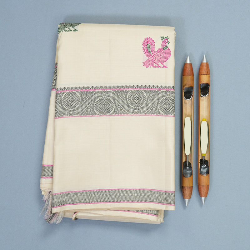 Hayagrivas Handloom Half-White Kanjivaram Silk Saree KBE2269B9-1