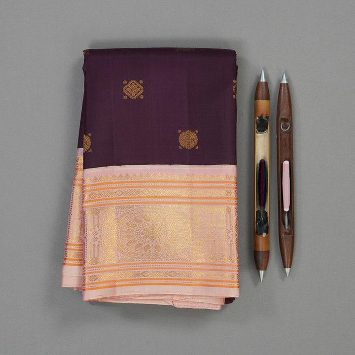 Hayagrivas Handloom Deep Wine Kanjivaram Silk Saree with Pastel Pink Border KBE2271B15-1