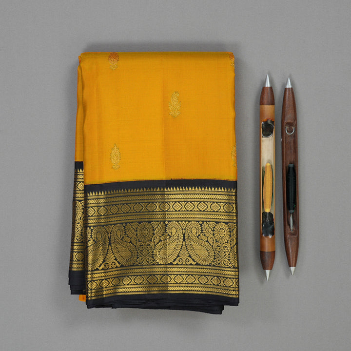 Hayagrivas Handloom Mustard Yellow Kanjivaram Silk Saree with Black Border KBE2271B7-1