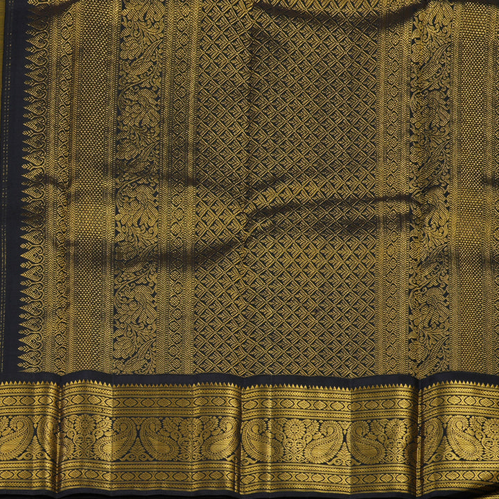Hayagrivas Handloom Mustard Yellow Kanjivaram Silk Saree with Black Border KBE2271B7-1