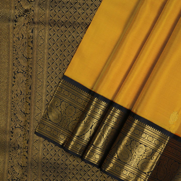 Hayagrivas Handloom Mustard Yellow Kanjivaram Silk Saree with Black Border KBE2271B7-1
