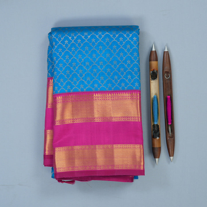 Hayagrivas Handloom Ananda Blue Kanjivaram Silk Saree with Rani Pink Border KBE2281B3-2