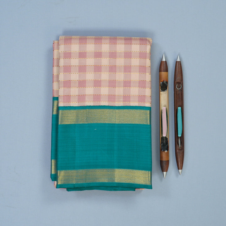 Hayagrivas Handloom Cream & Onion Pink Checks Kanjivaram Silk Saree KBE2281B4-1