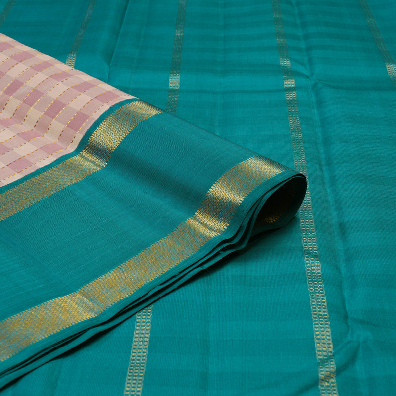 Hayagrivas Handloom Cream & Onion Pink Checks Kanjivaram Silk Saree KBE2281B4-1