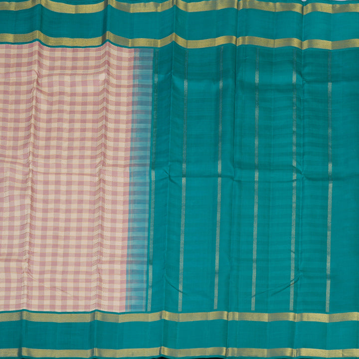Hayagrivas Handloom Cream & Onion Pink Checks Kanjivaram Silk Saree KBE2281B4-1